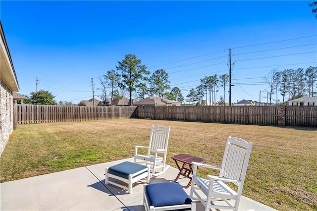 view of yard with a fenced backyard and a patio