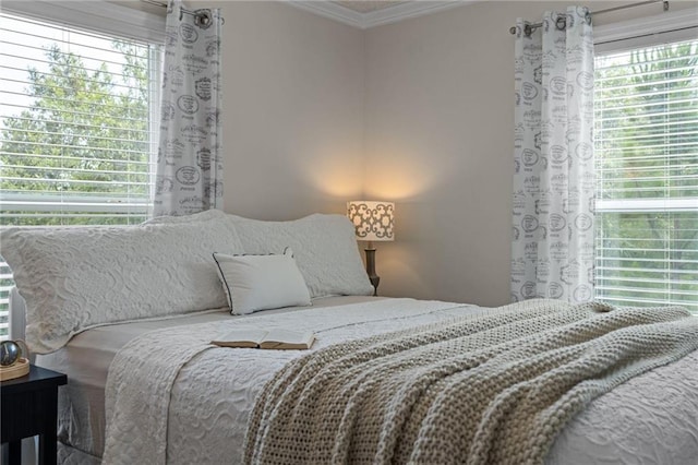 bedroom with ornamental molding and multiple windows