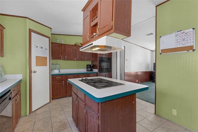 kitchen featuring a kitchen island, black oven, electric stovetop, dishwasher, and under cabinet range hood