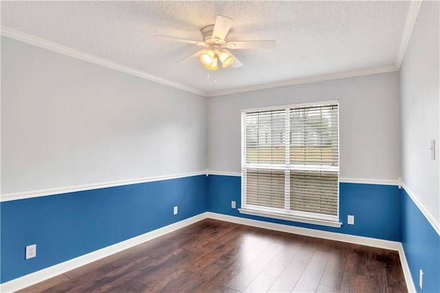 empty room with a textured ceiling, wood-type flooring, ornamental molding, and ceiling fan