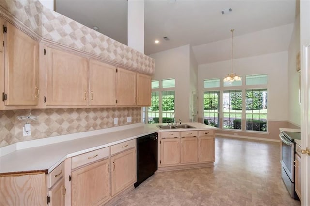 1056 Cross Gates Pl, Mobile, AL 36609 - kitchen featuring light brown cabinetry, black dishwasher, stainless steel electric range, a peninsula, and light countertops