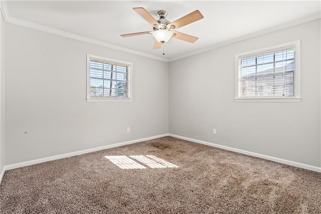 spare room featuring a wealth of natural light, carpet, crown molding, and baseboards