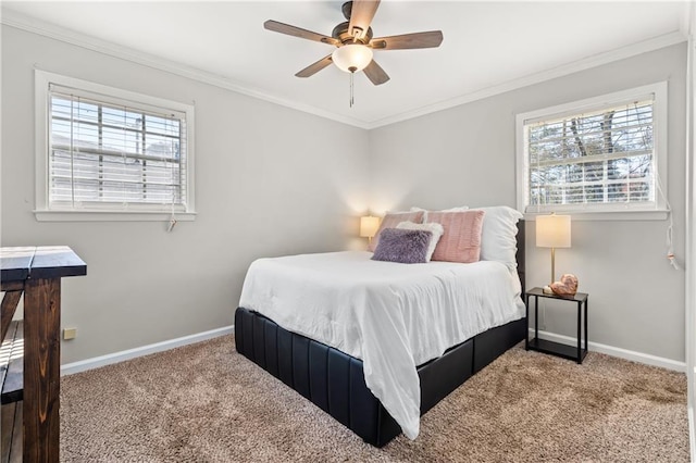 bedroom featuring carpet floors, baseboards, ornamental molding, and ceiling fan