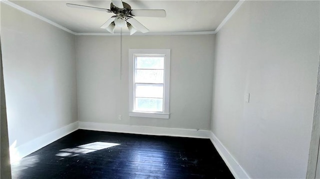 spare room featuring ornamental molding, ceiling fan, and dark hardwood / wood-style floors