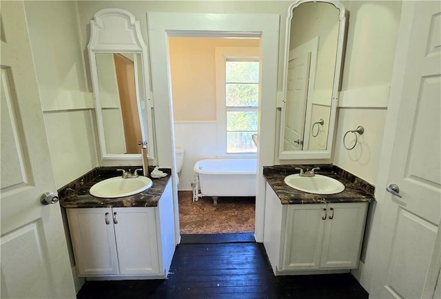 bathroom with vanity, hardwood / wood-style flooring, and a bathtub