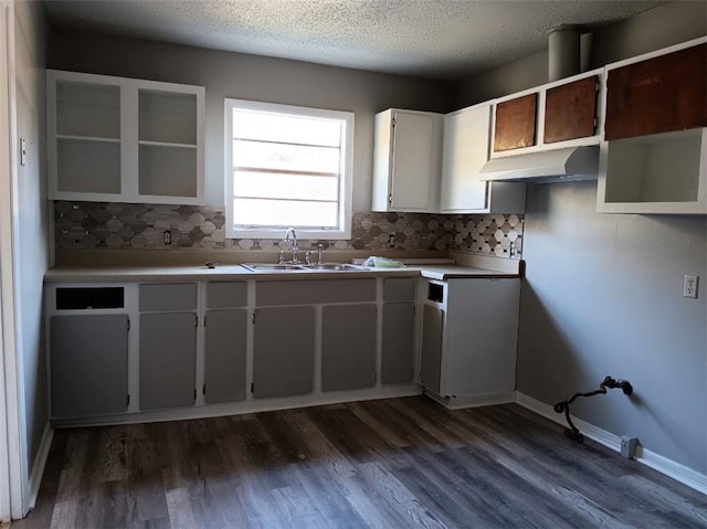 kitchen with white cabinetry, sink, dark wood-type flooring, and backsplash