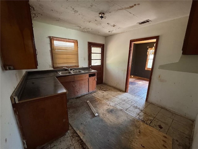 interior space featuring a sink, visible vents, dark countertops, and brown cabinetry