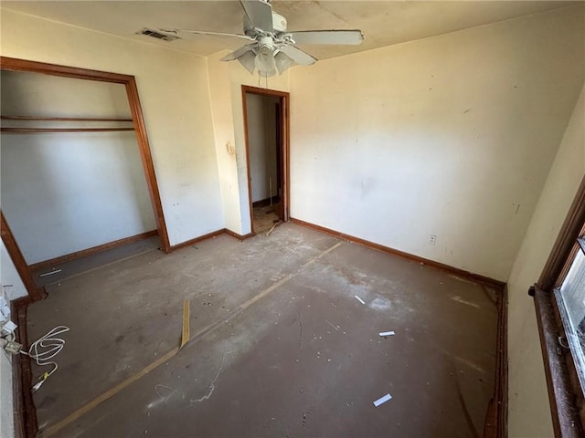 unfurnished bedroom featuring unfinished concrete floors, a ceiling fan, visible vents, baseboards, and a closet