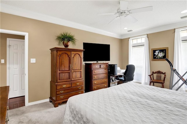 bedroom featuring a ceiling fan, light colored carpet, baseboards, ornamental molding, and recessed lighting