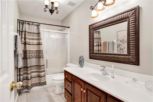 bathroom with visible vents, tile patterned flooring, vanity, toilet, and shower / bath combo