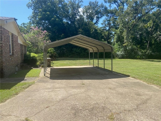 view of parking / parking lot with a lawn and a carport