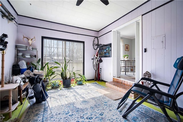 living area with crown molding and ceiling fan