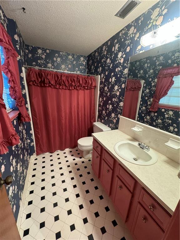 bathroom featuring vanity, toilet, a textured ceiling, and a shower with shower curtain