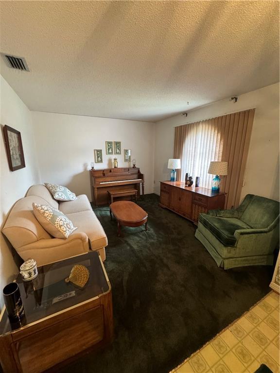 sitting room featuring light carpet and a textured ceiling