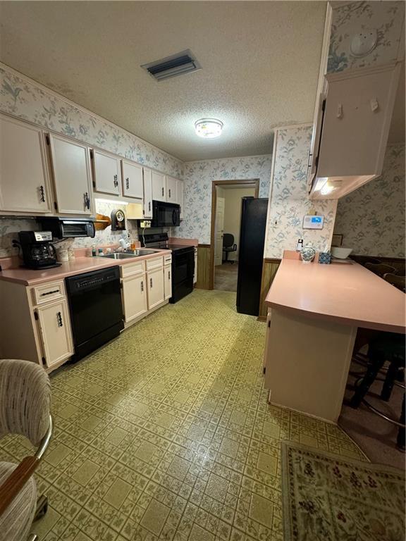 kitchen with sink, white cabinets, a textured ceiling, and black appliances