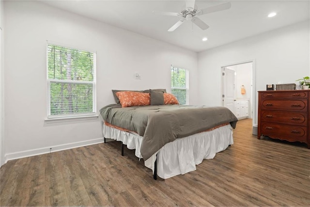 911 Lockenbie Pl, Dauphin Island, AL 36528 - bedroom featuring wood finished floors, recessed lighting, ensuite bathroom, and a ceiling fan