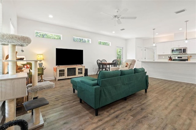 911 Lockenbie Pl, Dauphin Island, AL 36528 - living room featuring recessed lighting, a ceiling fan, and wood finished floors