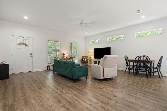 911 Lockenbie Pl, Dauphin Island, AL 36528 - living area with ceiling fan, wood finished floors, and recessed lighting