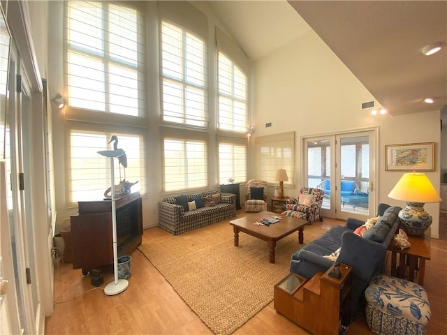 living room with light wood-type flooring, a towering ceiling, and a healthy amount of sunlight