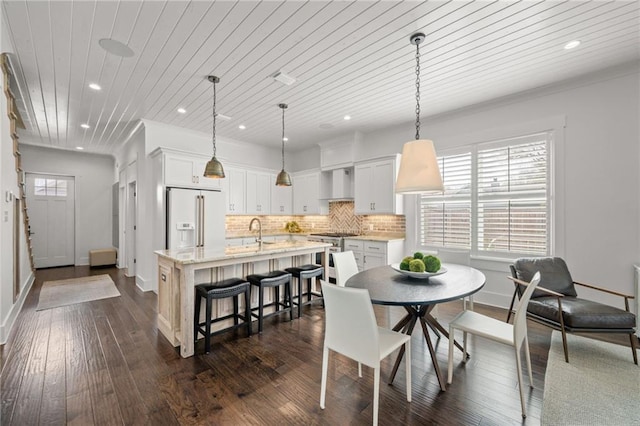 dining space featuring baseboards, ornamental molding, recessed lighting, wooden ceiling, and dark wood-style floors