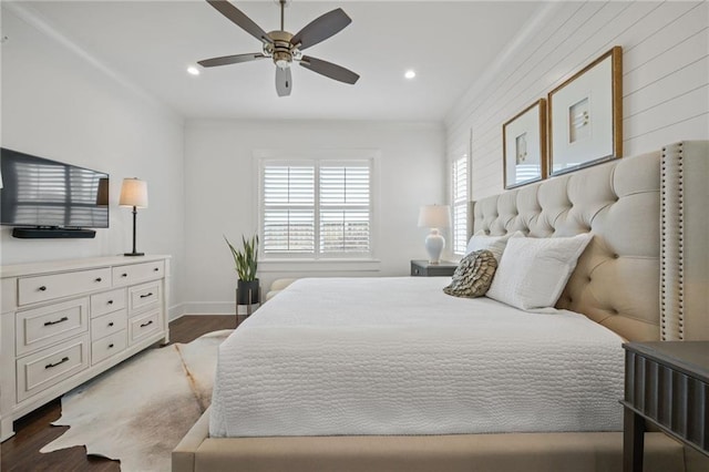 bedroom with recessed lighting, a ceiling fan, baseboards, and wood finished floors