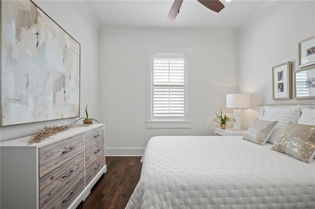 bedroom with baseboards, dark wood-type flooring, and ceiling fan