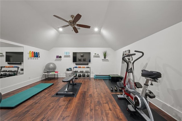 workout room featuring baseboards, wood finished floors, lofted ceiling, and ceiling fan