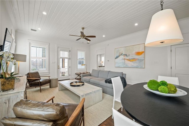 living room with ceiling fan, wood finished floors, wooden ceiling, and recessed lighting