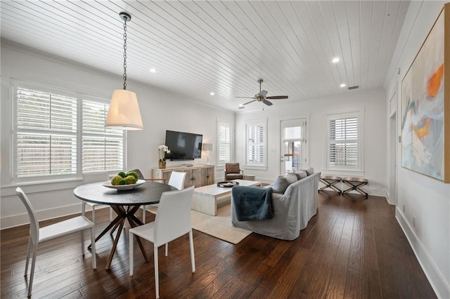 living area with baseboards, recessed lighting, ceiling fan, dark wood-type flooring, and wooden ceiling