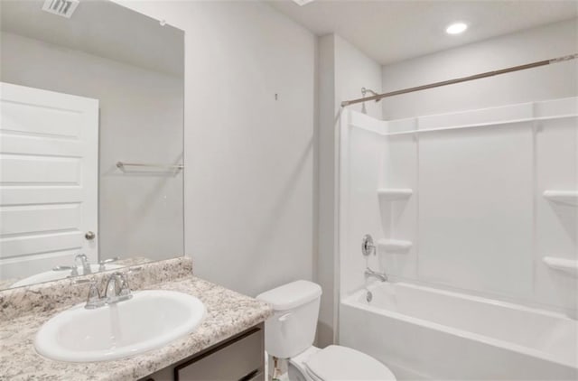 full bathroom with visible vents, toilet, tub / shower combination, vanity, and recessed lighting