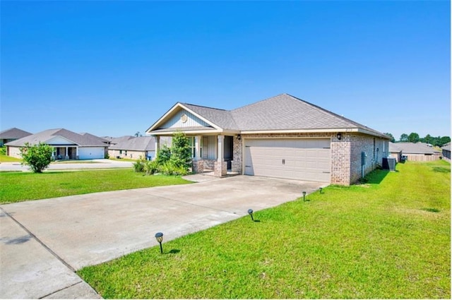 single story home with a garage, driveway, a front lawn, and central AC unit