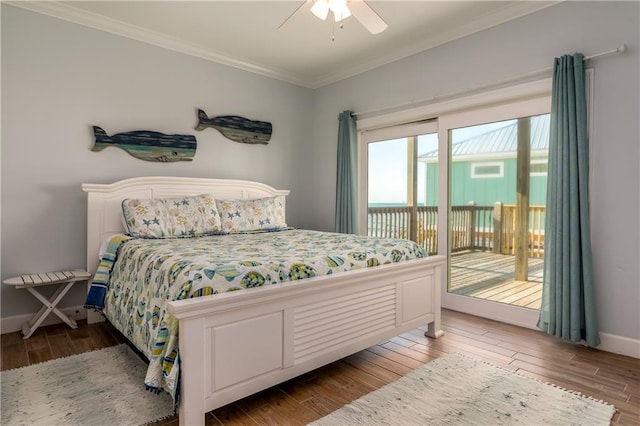 bedroom featuring light wood finished floors, access to outside, ornamental molding, and baseboards