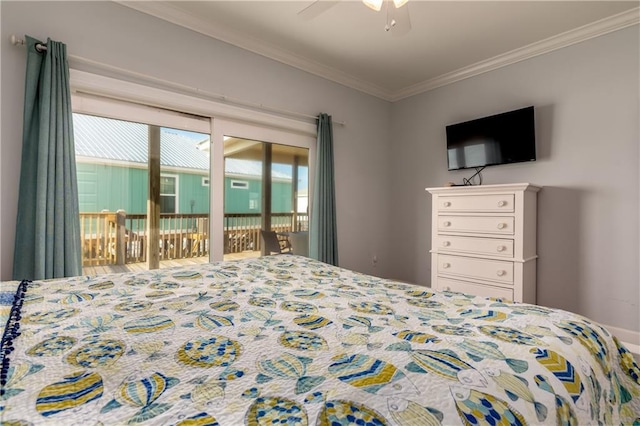 bedroom featuring access to exterior, a ceiling fan, and crown molding