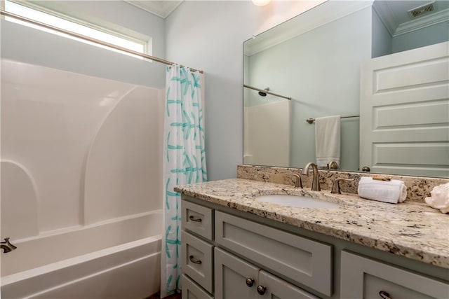 bathroom with ornamental molding, visible vents, shower / bathtub combination with curtain, and vanity