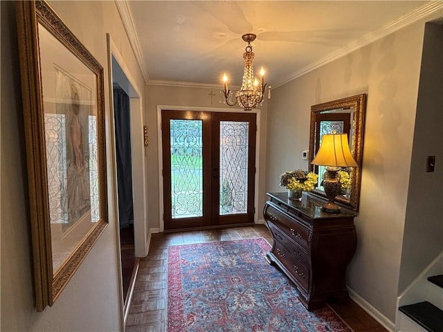 5911 Shenandoah Rd N, Mobile, AL 36608 - foyer entrance featuring a chandelier, french doors, and ornamental molding