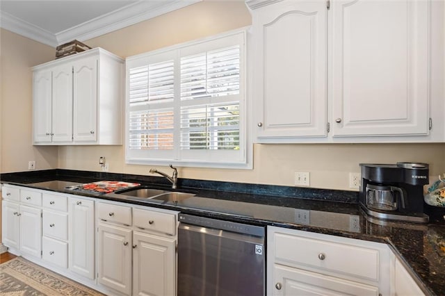 kitchen with white cabinetry, a sink, crown molding, and dishwasher