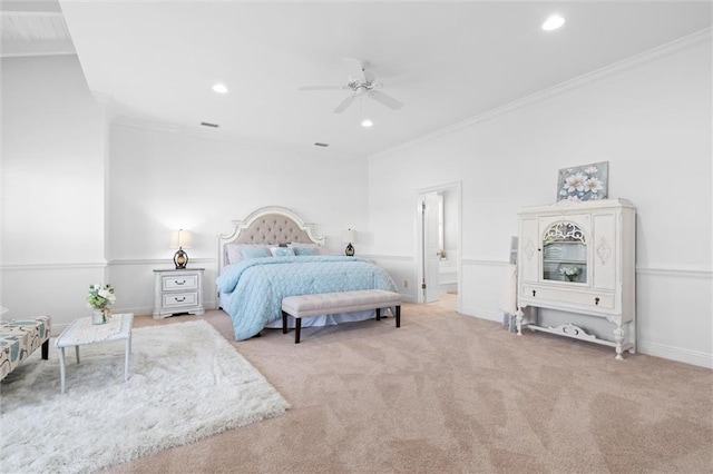 bedroom featuring recessed lighting, crown molding, and carpet flooring
