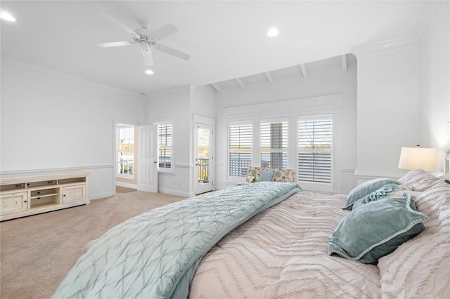 bedroom with crown molding, baseboards, access to outside, and carpet