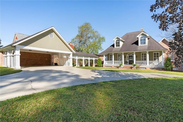 cape cod-style house featuring an attached carport, covered porch, concrete driveway, and a front yard
