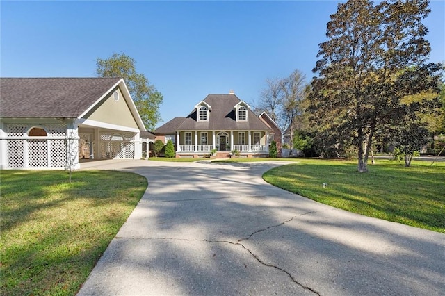cape cod home featuring a front lawn, concrete driveway, a porch, and a carport