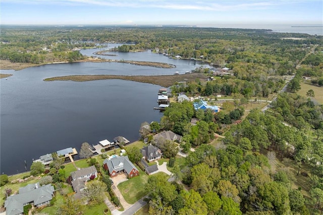 drone / aerial view featuring a water view and a forest view