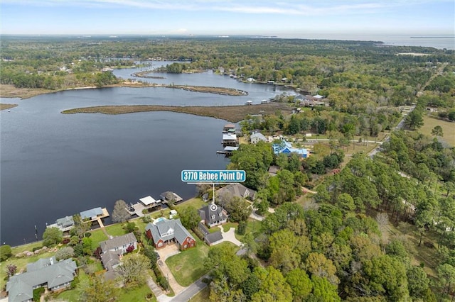 drone / aerial view featuring a water view and a wooded view