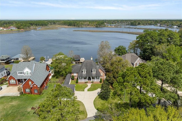 drone / aerial view featuring a water view