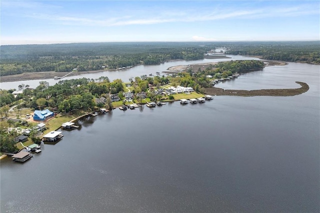 drone / aerial view featuring a water view