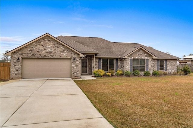 ranch-style house featuring a garage and a front lawn