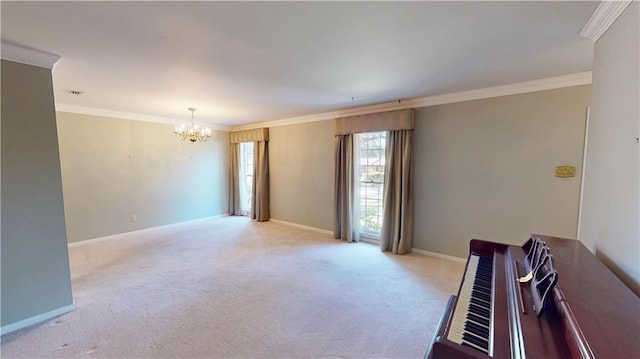 empty room featuring baseboards, an inviting chandelier, light carpet, and crown molding