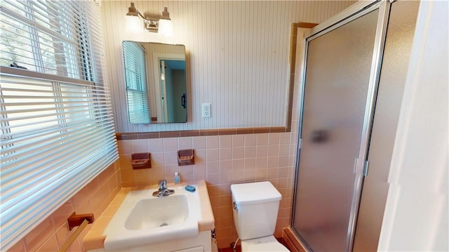 full bath with a stall shower, wainscoting, vanity, and toilet