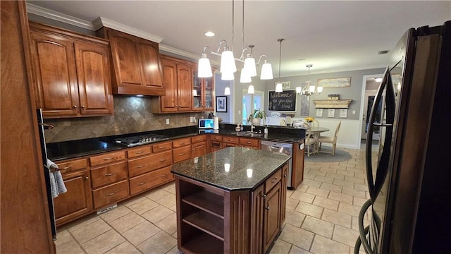 kitchen with a peninsula, open shelves, appliances with stainless steel finishes, crown molding, and tasteful backsplash