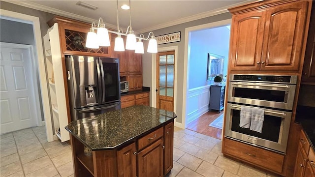 kitchen with visible vents, a kitchen island, open shelves, ornamental molding, and stainless steel appliances