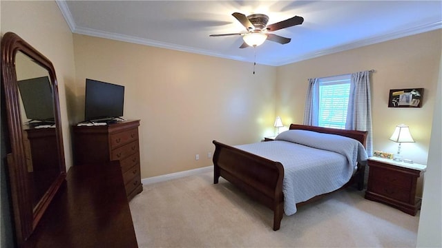 bedroom with light carpet, a ceiling fan, baseboards, and ornamental molding